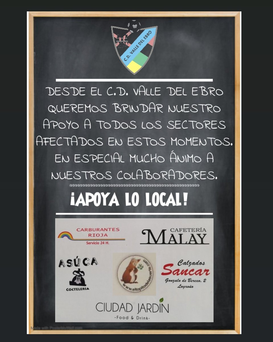 CDValleDelEbro's tweet photo. Todo nuestro apoyo en estos momentos a todos los sectores: Hostelería, comercio, diversas empresas...

¡APOYA LO LOCAL!

💙💙💙💙💙💙💙💙💙

#VOLVEREMOSMÁSFUERTES

#ÁNIMO

#CDVE https://t.co/Ybfs8892Qx