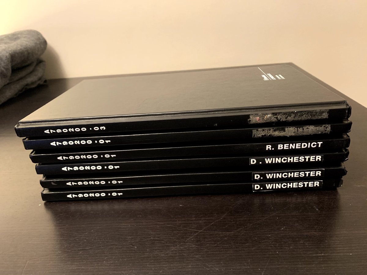 jholden23's tweet photo. I felt these were one of my best finds. In a box of books I grabbed these from #DeathsLibrary. Seen in #Despair and a handful of other episodes. There were 2 tagged R. BENEDICT, 4 D. WINCHESTER and 2 with stickers ripped off. #Supernatural #SetSale Some given to buddies already https://t.co/nE4jnEgBTC