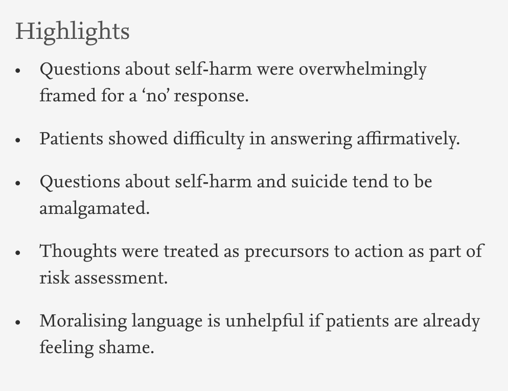 Attention MH professionals  #MedTwitter  #MedEd  @rcpsychTrainees  @rcpsych A thread on why this is a paper you should be reading, using in teaching, sharing with your students, trainees and discussing in journal clubs (TW: self harm and suicide) 1/7  https://twitter.com/RoseMcCabe2/status/1324634532738453506
