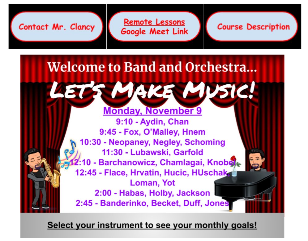 Remote lesson schedule for Monday, November 9, 2020
Use the Remote Lessons link to join your class.