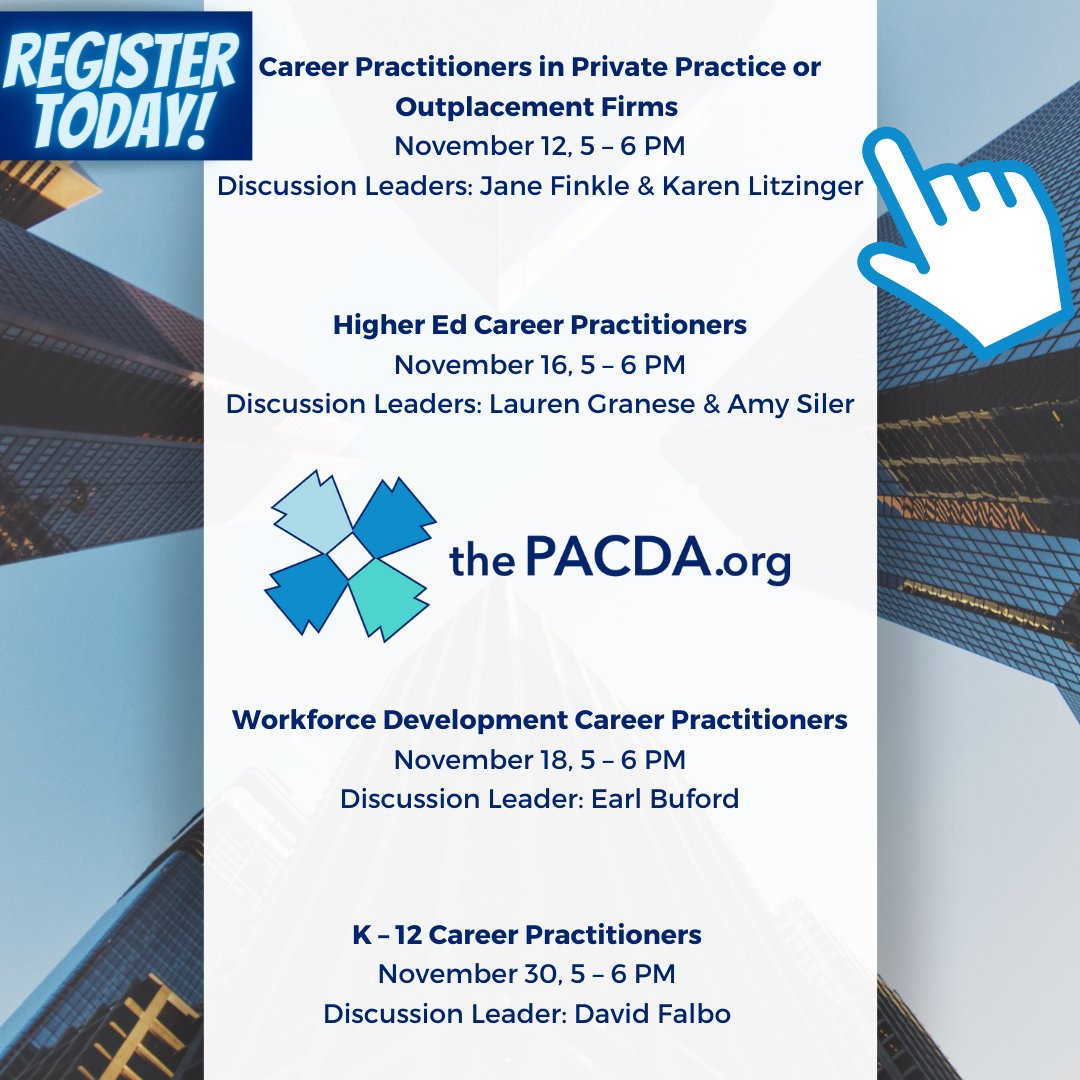 thePACDA's tweet photo. Our first free Virtual Networking Event, primarily for Career Practitioners in Private Practice or Outplacement Firms, is scheduled for Thursday November 12, 5:00 PM - 6:00 PM. Registration is open now at https://t.co/PRj6lwLegd https://t.co/88CeatcvB9