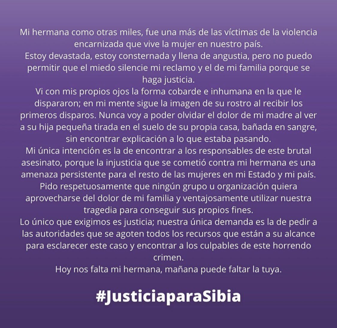 zuryorgutti's tweet photo. Hoy ya no estás, pero tu familia y amigos que te amábamos, buscaremos justicia por ti!
Y no descansaremos hasta que se de con los CULPABLES.
Vuela libre y valiente #Sibia 💜
#HastaSiempre
@EnriqueAlfaroR
@GuadalajaraGob
@DelToroIsmael
@GobiernoJalisco https://t.co/rx2SAKJECQ
