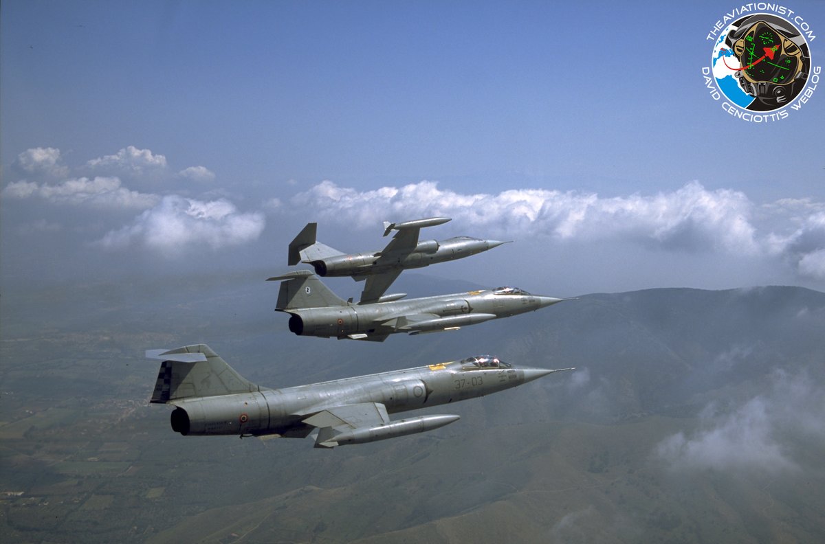 cencio4's tweet photo. "The last Starfighters". I took this in May 2003 as we chased a three-ship RTBing to Grazzanise. I asked them to "break" because the background, with the white clouds, was promising. I took two or three shots, with this being the first. Scan from 35mm slide. https://t.co/w1yXmsFWY1