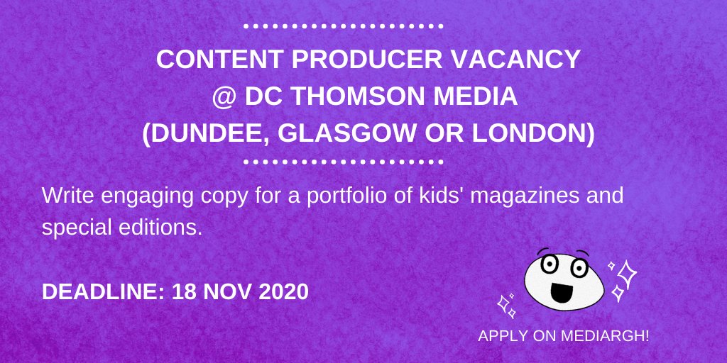 mediargh's tweet photo. Content Producer Vacancy
@ DC Thomson Media 
(Dundee, Glasgow or London)

Apply here: https://t.co/M5VjHwklbP

#publishingjobs #pubjobs #magazinejob #writerjob #mediajobs https://t.co/5G3NnsRoJ7