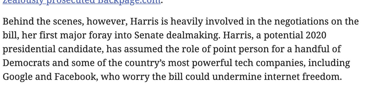 One reason why Harris was initially quiet on SESTA: her ties to Big Tech, who at first opposed the bill.  https://www.mcclatchydc.com/news/politics-government/congress/article177982616.html