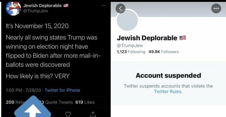 JewsForTrump's tweet photo. BREAKING: @TrumpJew has been suspended by Twitter, apparently for bringing up legit claims about voter fraud. Here’s a great tweet from 07/28! https://t.co/Xq1JHi4UhI