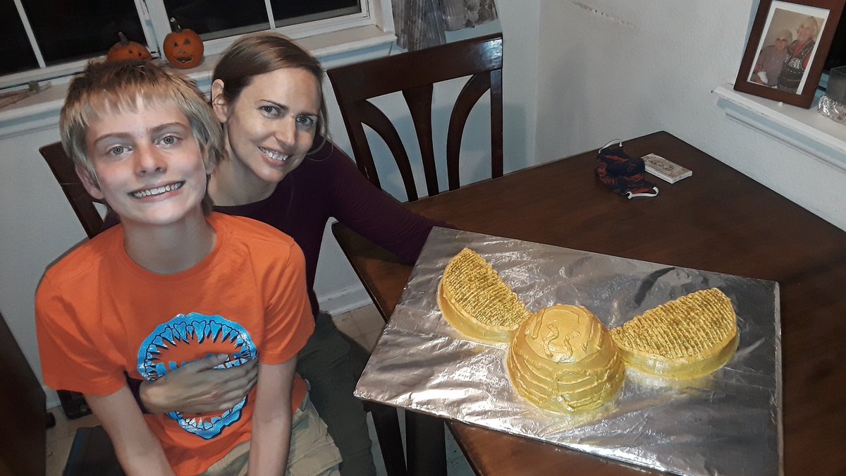 allergyheroes's tweet photo. Can you catch the #GoldenSnitch? Made of chocolate and vanilla #WackyCake with cream cheese frosting, gold sprinkles, & edible luster spray. (Never spray painted a cake before!) We had a few friends over last night for a #HarryPotter movie party for the kiddo's 12th #birthday. https://t.co/ps24mjmahj