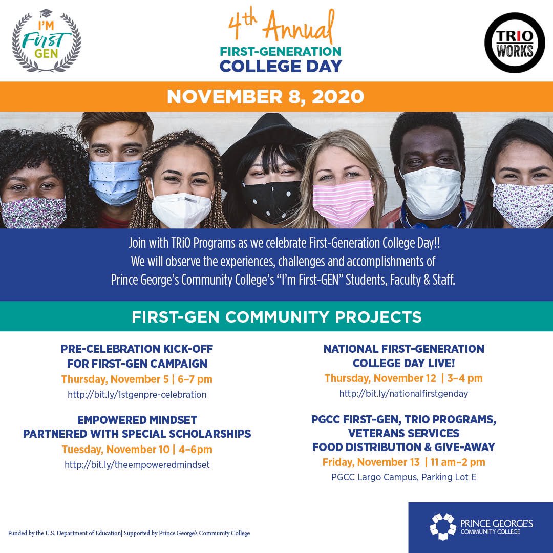 pgccnews's tweet image. Today we join TRiO programs and celebrate First-Generation College Day! This upcoming week we have some great programming covering the experiences, challenges, and accomplishments of #PGCC first-generation students, faculty, and staff! #ImFirstGen #FirstGenerationCollegeDay