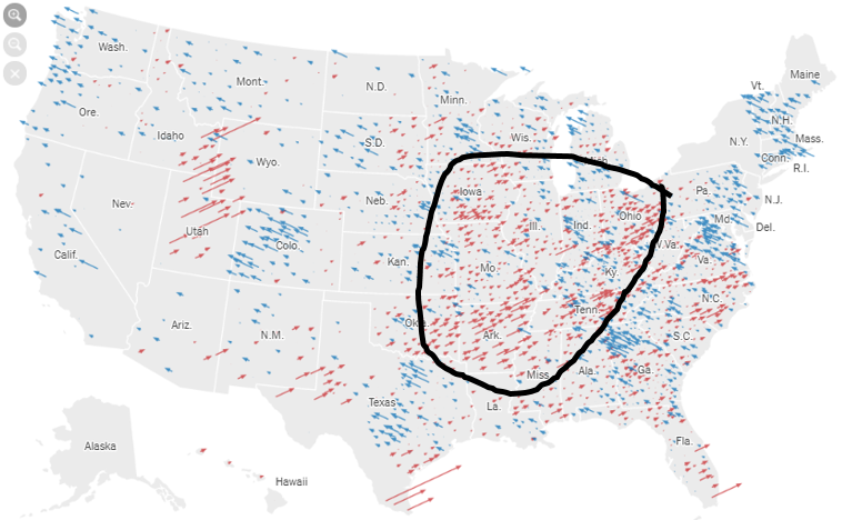  De manière générale, on constate tout de même que Trump améliore encore ses résultats dans le centre-est rural et pauvre du pays (sud du Midwest et de la Rust Belt, Upper South et Appalaches), une région où il obtenait déjà des scores exceptionnels en 2016.
