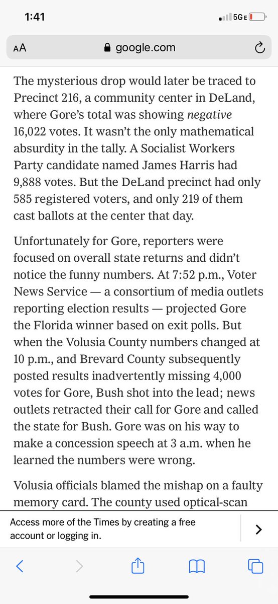 2/ Discussion of the subtraction of 16k votes from Gore’s total in Volusia County, Florida in 2000 and how the explanation made no sense.  https://www.nytimes.com/2018/09/26/magazine/election-security-crisis-midterms.html