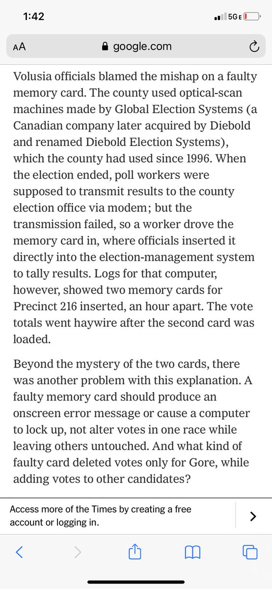 2/ Discussion of the subtraction of 16k votes from Gore’s total in Volusia County, Florida in 2000 and how the explanation made no sense.  https://www.nytimes.com/2018/09/26/magazine/election-security-crisis-midterms.html