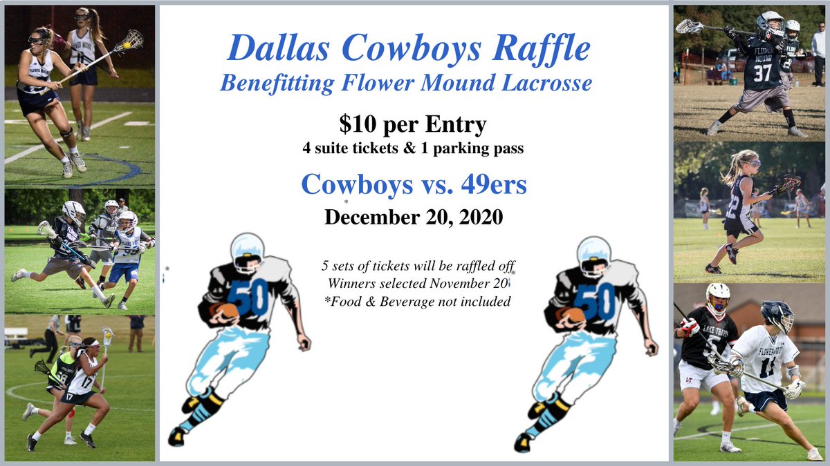 lax_flo's tweet photo. #Cowboys fan?  Support @FMLax and buy a $10 raffle ticket for a chance to win 4 suite tix + parking pass for the 12/20 #Cowboys vs. 49ers game. All proceeds go to Flower Mound Lacrosse!PayPal, Venmo, Cash #supportlocal  #CowboysNation https://t.co/yGAEWtQ19R