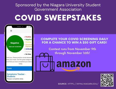 Introducing COVID sweepstakes! For 2 weeks, each day we will pick from the students who fill out their NU daily covid screening to win a $50 Amazon gift card. Have you filled out your covid screening?