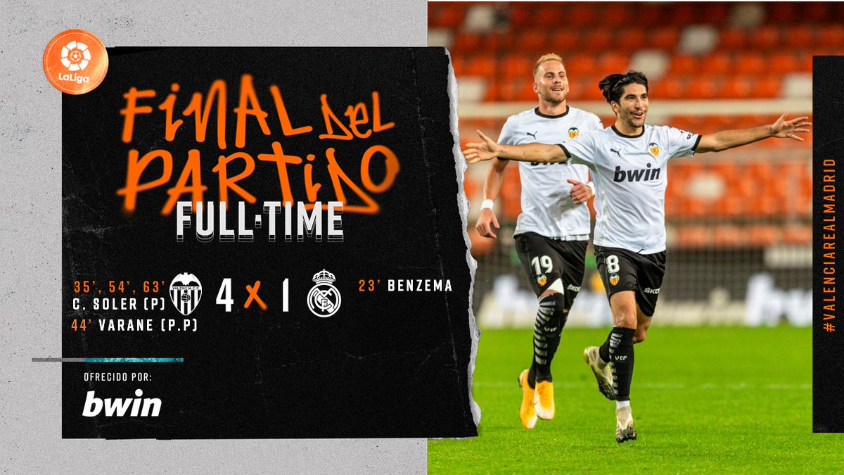 valenciacf's tweet photo. #ValenciaRealMadrid 🦇⚪

⚽ 4-1 | ¡FINAL DEL PARTIDO! ✌🏻

¡Victoria importantísima! COMPROMISO, JUNTOS, EQUIPO. AMUNT! 🦇💪🏻

#AmuntValencia 🖤 https://t.co/zl8fjXI7Vs