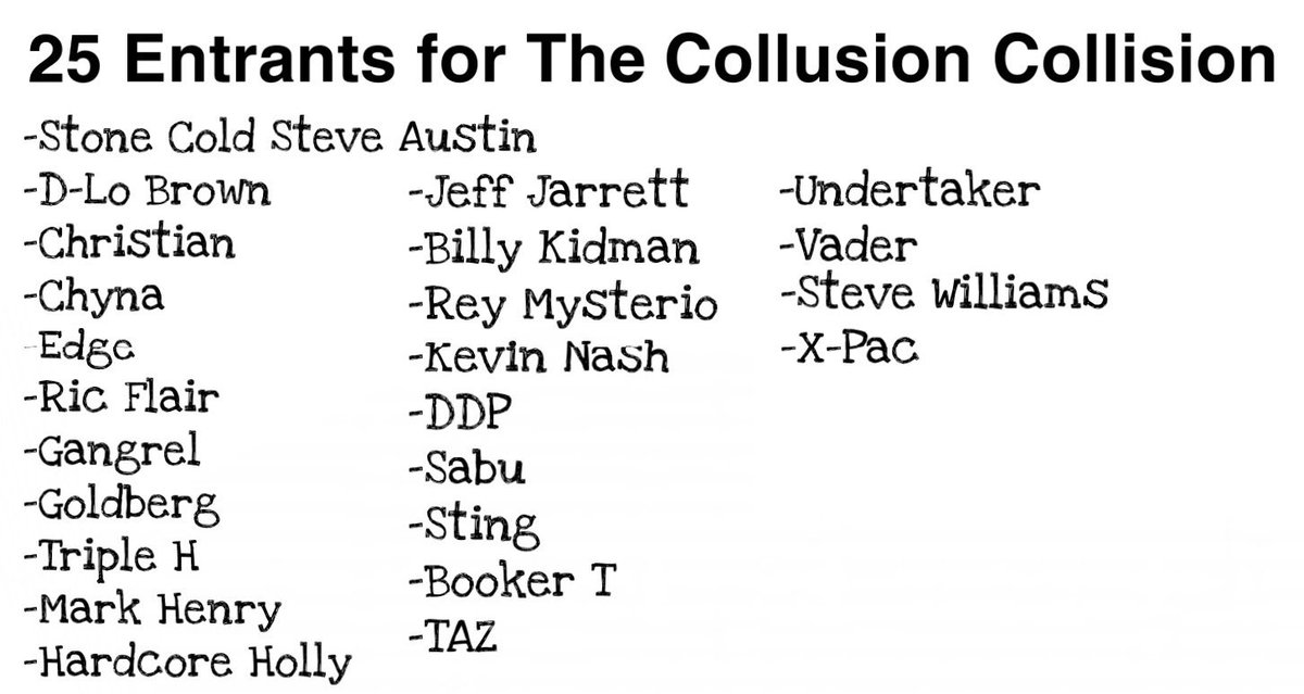 thefwfnetwork's tweet photo. So, it was announced by Matt Cardona that the only two people that wouldn’t be in The Collusion Collision match would be Scott Steiner, and Hulk Hogan but after Ultimate Warrior won, what will happen? Will someone else be in the match, will there only be 24 entrants? https://t.co/JUlnTVvy61