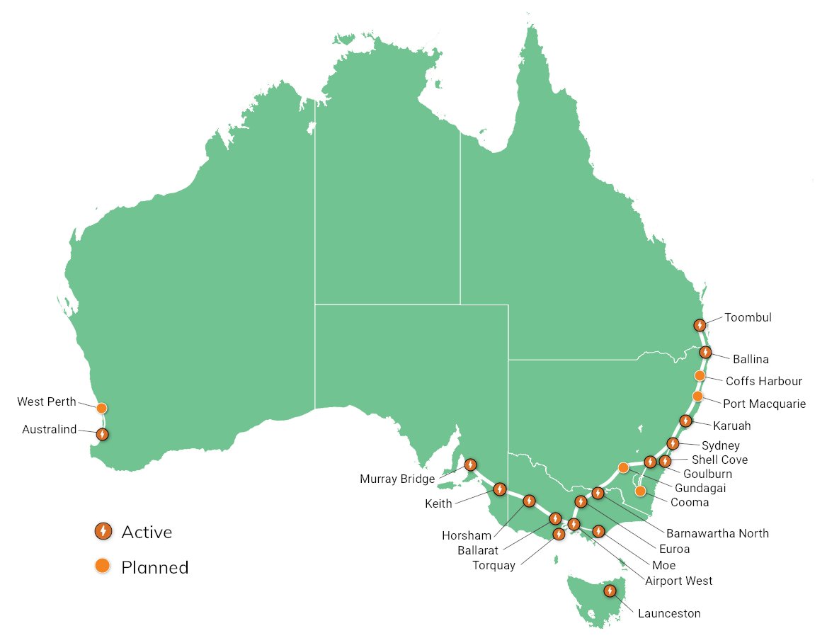 Chargefox's tweet photo. Today, we say hello to WA as we launch the first ultra-rapid station in the state. The expansion of our network is reducing carbon emissions by 50 tonnes every month - the equivalent of more than 25,000 kilos of coal-burning avoided every month: https://t.co/4YdraSeLnk https://t.co/c3UPIu2qxs