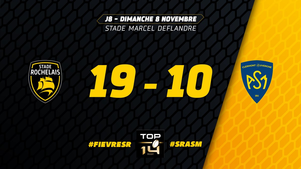 staderochelais's tweet photo. C'est terminé à Deflandre ! Face au leader, l'@ASMOfficiel, les Rochelais ont réalisé une grande performance pour finalement s'imposer 19-10 et prendre la tête du @top14rugby ! #SRASM #Top14 #FievreSR https://t.co/DZmxsStcqS