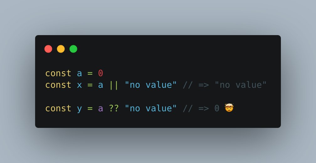 fishbein's tweet photo. TIL about the Nullish coalescing operator in JavaScript - there are so many places where this would've prevented a headache for me! https://t.co/mfr2mkqO0o

h/t to @kentcdodds's article: https://t.co/HpfDjOtsjk https://t.co/wgwp4Tq4tC