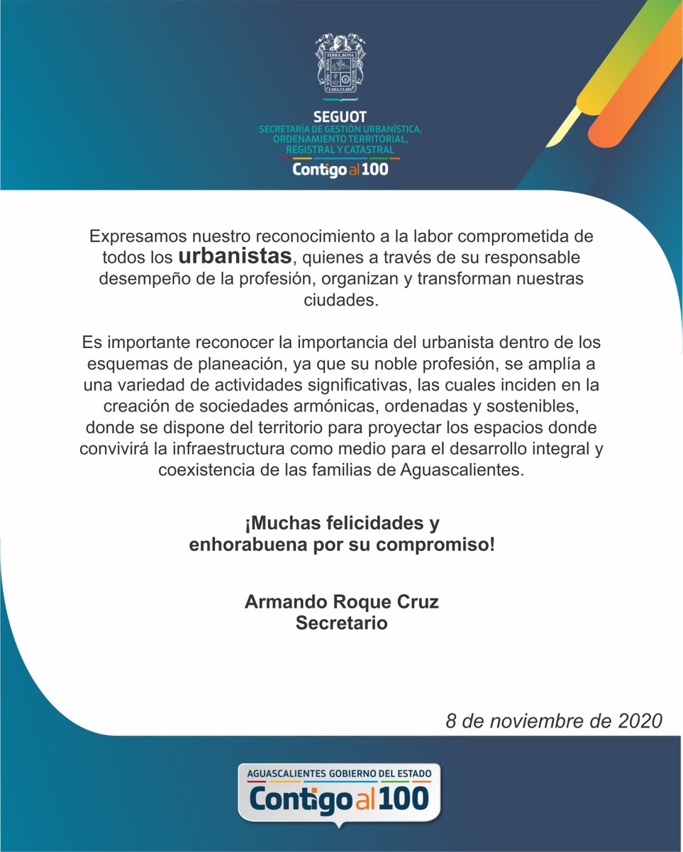 aroquecruz's tweet photo. Muchas felicidades a todos los y las urbanistas en su día, que en el desempeño comprometido de su función, inciden en la transformación de la ciudad donde puedan convivir armónicamente las familias de Aguascalientes.
#AccionesContigo
#ContigoAl100 https://t.co/ePozgeZWvj