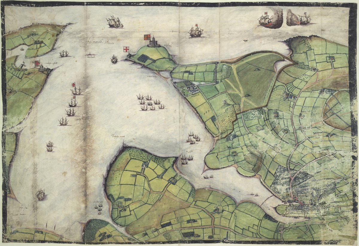 A map of Falmouth Haven from the atlas of William Cecil, Lord Burghley, dated 1595. It takes the form of a bird's eye view of Falmouth Haven, with St Mawes and its larger sister castle, Pendennis at the mouth:  https://britishlibrary.georeferencer.com/maps/2a0d5c68-1403-569f-a347-ef23e9def27d/