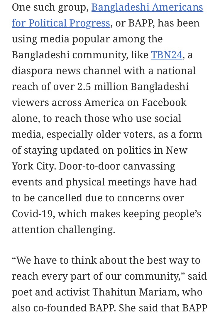 WhatsApp forwards and phone calls: How South Asian groups have been mobilising voters in the US @thahitun quoted here for the work she does w/  @BAPPnyc  https://amp.scroll.in/global/977467/whatsapp-forwards-and-phone-calls-how-south-asian-groups-have-been-mobilising-voters-in-the-us?__twitter_impression=true