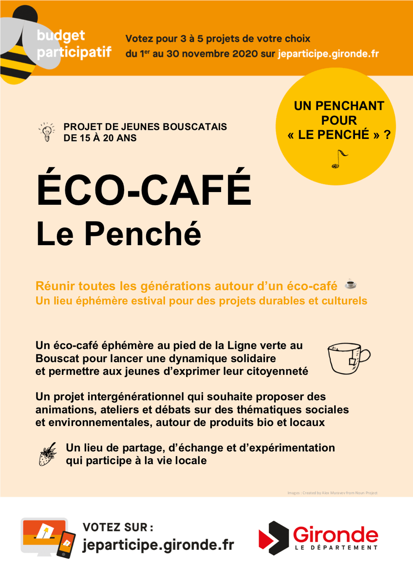 ☕️  Soutenons le projet éco-café "Le Penché" porté par des #jeunes <a href="/VilleduBouscat/">Ville du Bouscat</a> dans le cadre du #budgetparticipatif <a href="/gironde/">Gironde</a> 👍
Votez pour 3 à 5 projets : jeparticipe.gironde.fr/projects/budge…