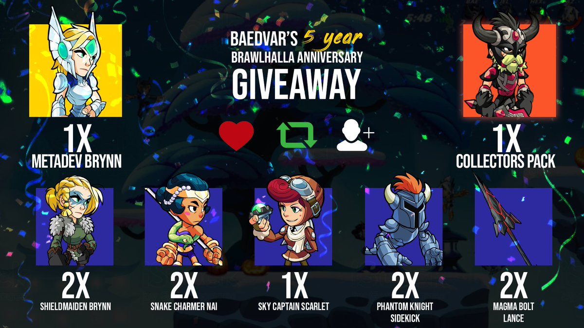 Baedvar's tweet photo. Celebrating my 5 year anniversary of playing Brawlhalla with a giveaway! Here's to many more years of simping Brynn!

✿Like, retweet and follow to enter
✿Ends November 16th 2020
✿All rewards are separate and random, you can't pick what you win
✿11 total winners

Good luck! https://t.co/iyOtu5tmtk