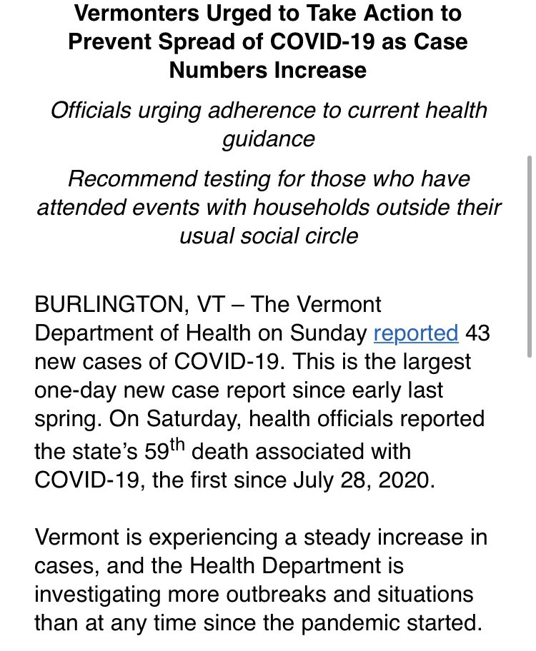 JaneLindholm's tweet photo. .@healthvermont is urging Vermonters to take more serious stock of their social actions as the state hits the highest one-day number of confirmed COVID-19 cases since spring today, and registered a new death from the virus yesterday.

Here’s the press release they just sent out. https://t.co/tuh43GTqLh
