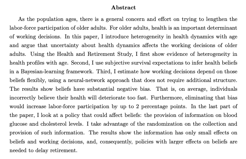 Angela DenisJMP: "Heterogeneous and Uncertain Health Dynamics and Working Decisions of Older Adults"Website:  https://sites.google.com/view/angeladenis