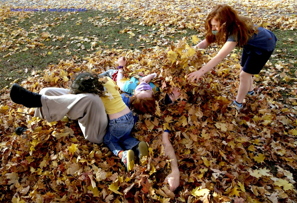 LaurieSkrivan's tweet image. Jonathan Danieley wrestles with his children Teddy, 4, and Ruby,8, as his oldest daughter Lucy, 9, continues to bury him in leaves on Sunday, Nov. 8, 2020, @TowerGrovePark  Grove Park. #stlwx #Fall #Leafpile
