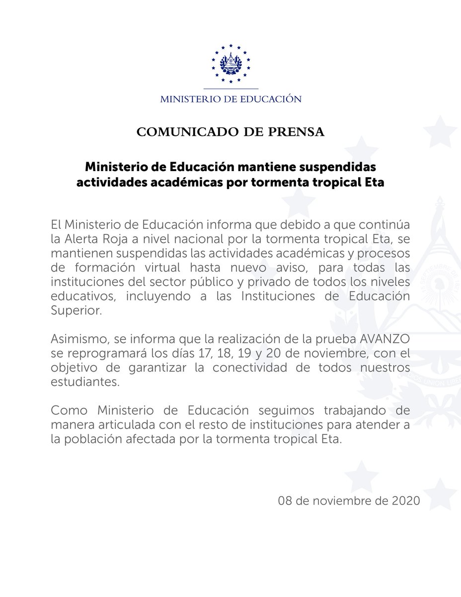 EducacionSV's tweet photo. Continúa la suspensión de actividades académicas para todos los niveles educativos del sector público y privado. https://t.co/9Upzp3ST6i