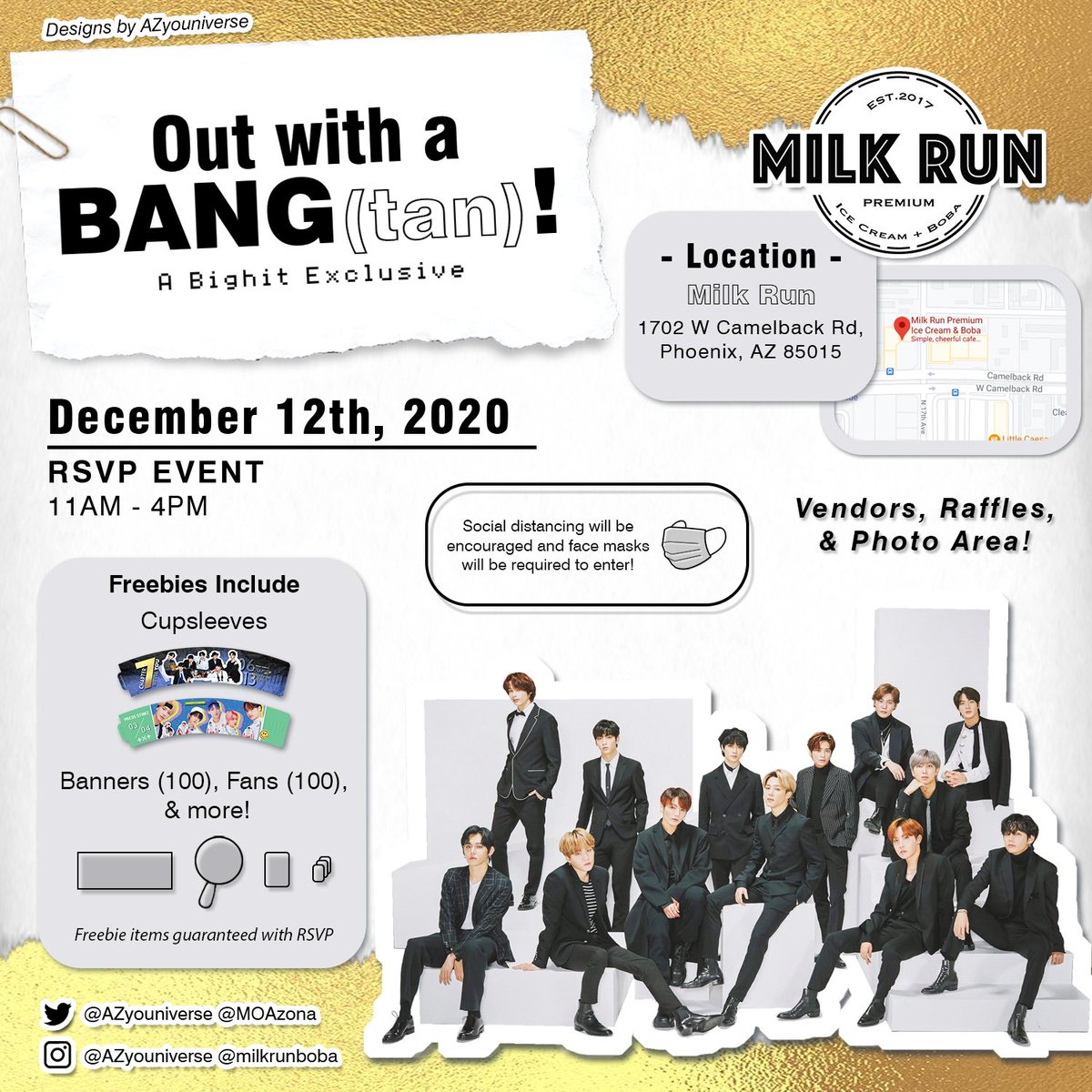 AZyouniverse's tweet photo. Bringing you a Bighit Exclusive... Join us Dec. 12, 2020 @ Milk Run and end this year with a BANG(tan)! 

More info will be dropped throughout the weeks leading up to the event! We can’t wait to see everyone again 💜

@MOAzona #BTS_BE https://t.co/b8kAu7K1re