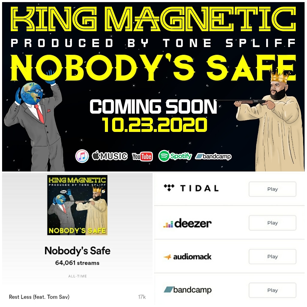kingmagnetic's tweet photo. THANK YOU! We hit 100k streams over the DSP on wk 2 of #nobodyssafe! Link in bio: https://t.co/WycvOcYyPB #kingmagnetic #tonespliff #magmob #weeklyvibes2020 #ughh #allentown #calihiphop #gunbars #lifebars #spotify #lyrics2go #rapfeatures #bars https://t.co/LctcLczgne