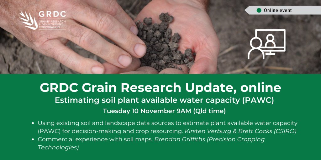 On tomorrow!  (Tues 10 Nov, 9am (Qld time)) for the next Grains Research Updates, online! Topic: estimating soil plant available water capacity (#PAWC) with speakers <a href="/KirstenVerburg/">Kirsten Verburg</a> <a href="/CocksBrett/">brett cocks</a> and <a href="/griffpas/">Brendan Griffiths</a>  Registration: bit.ly/300MUII #GRDCUpdates