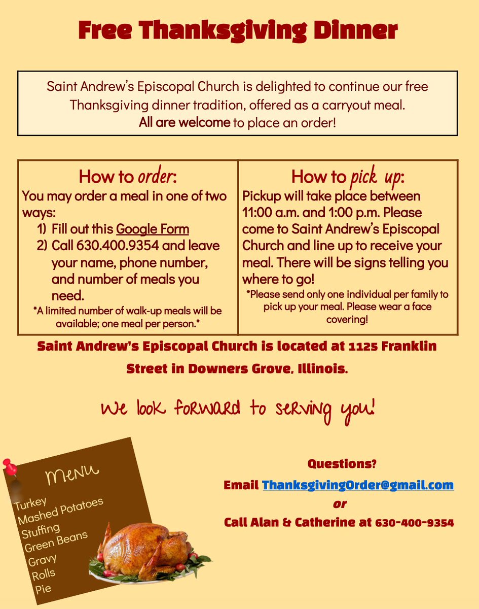 Saint Andrew's Episcopal Church is delighted to continue their free Thanksgiving dinner tradition, offered as a carryout meal.  See details in the flyer and Google form link!  #dg58pride 

docs.google.com/forms/d/e/1FAI…