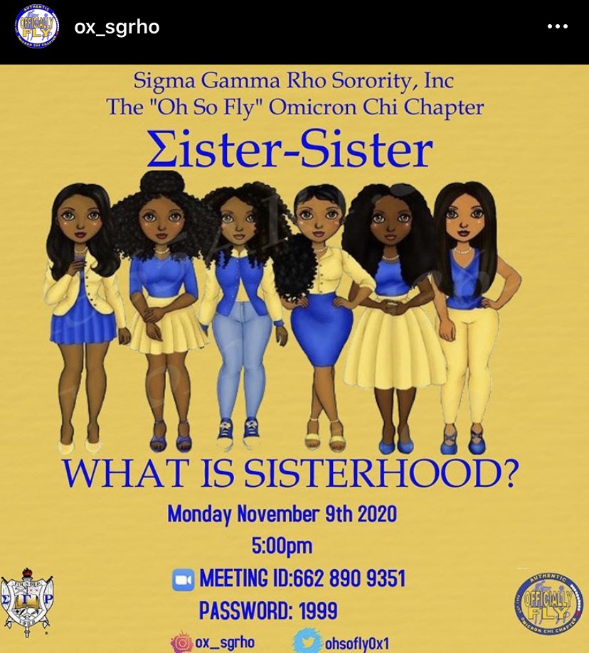 OhSoFlyOX1's tweet photo. Join your favorite Fly Girls for a chat about sisterhood TOMORROW, RHOvember 9th at 5:00pm💛💙
Can’t wait to chat with you all! 
#SGRHO #1922 #OX #RHOvember #sgrhoturns98 #SigmaGammaRho #95thstreetgreeks #marylouandthecrew #lastcreatedbestdesigned #chicagostateuniversity https://t.co/LdmoSDEAPc