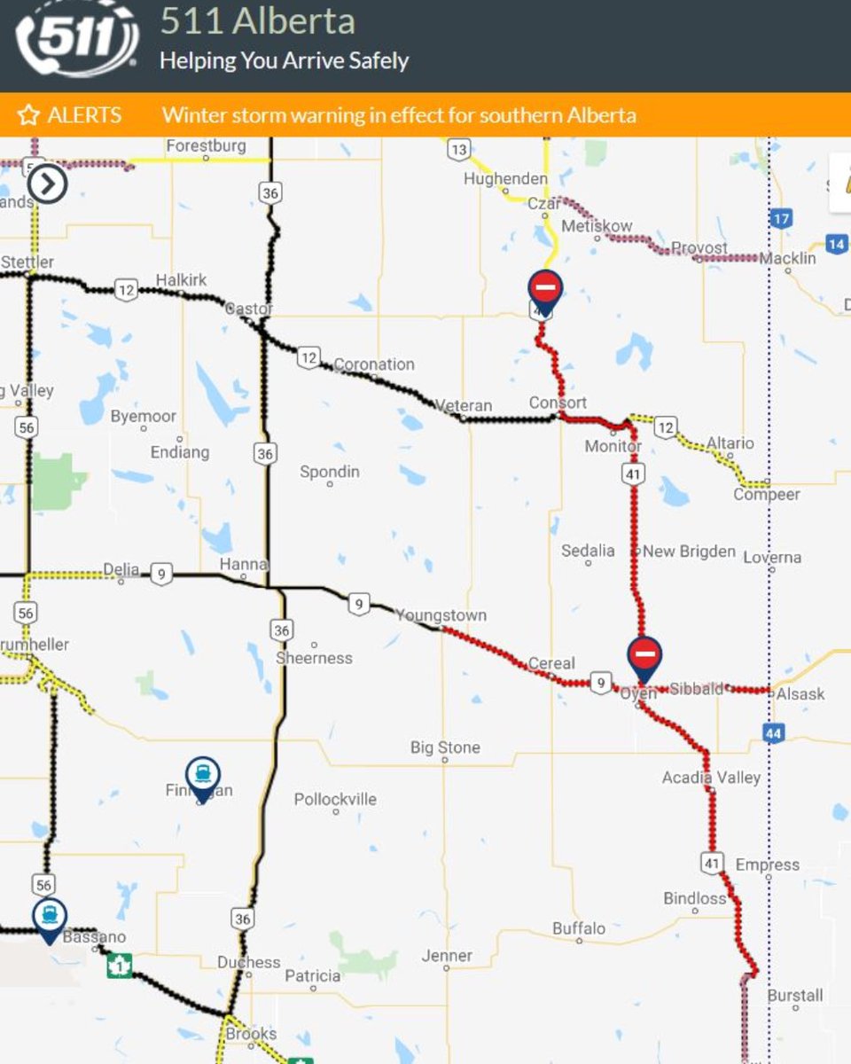 SpecialAreas's tweet image. UPDATE 2- 11/8/20 – 3:58 PM

Due to a severe winter storm, portions of Hwy 9 and 41 have been closed to travel.  AVOID ALL TRAVEL in the affected areas until conditions improve. 

Check 511.alberta.ca for current road information.
 
#abroads #abstorm #oyen #consort