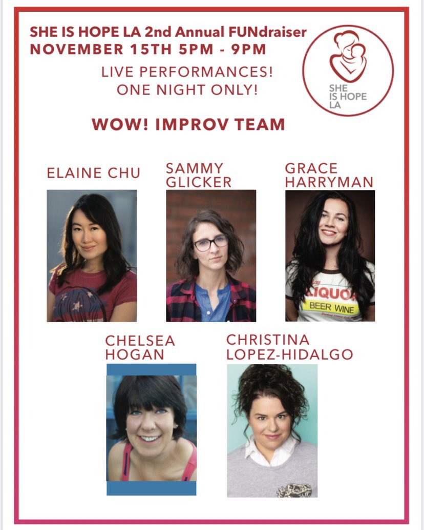 sheishopela's tweet photo. The Second Annual SHE IS HOPE LA FUNdraiser &amp; Silent Auction is only one week away - Sunday, 11/15 from 5-9pm! We will have these fabulous ladies entertaining everyone with Improv for adults around 6pm!  ⁦@Glickity⁩ ⁦
⁦@GraceHarryman⁩ ⁦@CLHimprov⁩ https://t.co/Z9jiZPCSJv