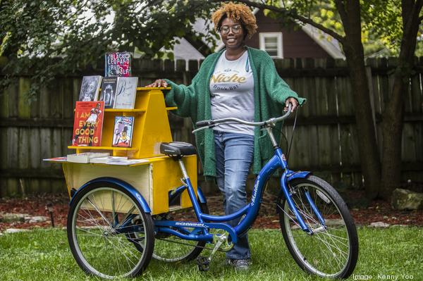 Someday soon the Niche Book Bar will become a bookstore for adults & kids, with coffee counter & wine bar. In the meantime, Weston rides a book bike around Milwaukee (!!) with her selection of Black authors, & books with Black characters. I love this!!