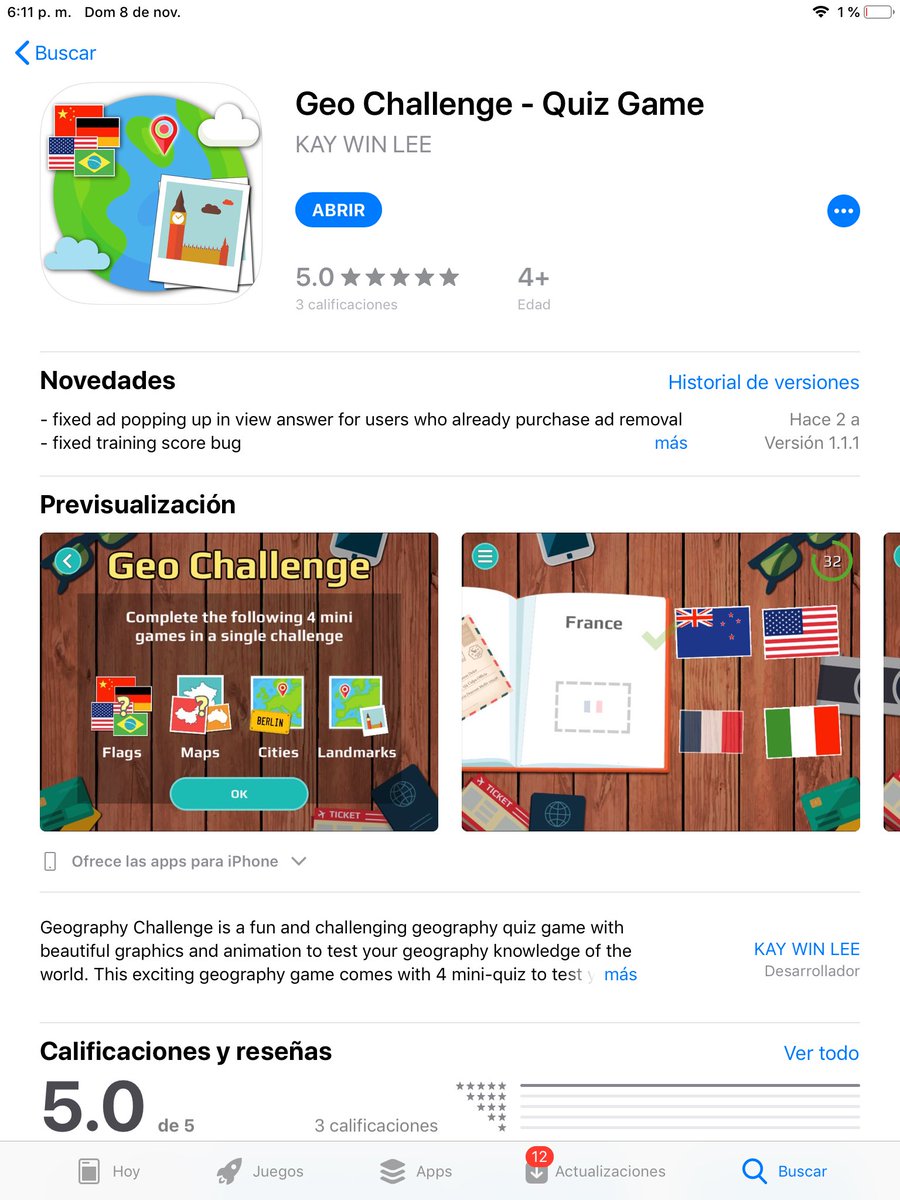 ¿Les encanta la geografía? :v, pues aquí les recomiendo un juego donde uno puede competir con 4 retos de geografía que son:
-Identificación de banderas
-identificación de territorios de países
-Ubicar ciudades del mundo en el mapa
-Ubicar lugares turísticos en el mapa
El juego es