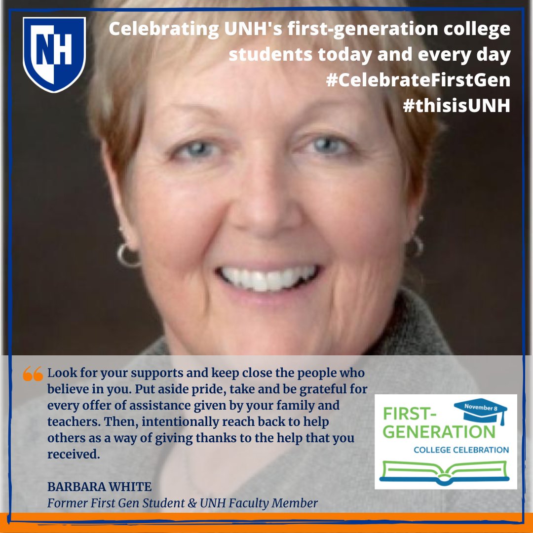 CFARUNH's tweet photo. UNH faculty member Barbara White is part of our first gen family! #CelebrateFirstGen #thisisUNH #TRIOworks https://t.co/aR8D5H1QHU