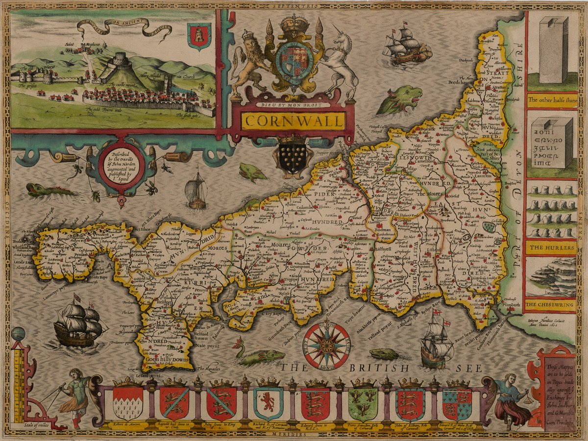 Proof version of John Speed's 1611/12 map of Cornwall, which closely followed the Saxton map of 1576 in offering a much more accurate and detailed depiction of the county, but includes additional settlements, rivers and other details:  http://cudl.lib.cam.ac.uk/view/PR-ATLAS-00002-00061-00001/18