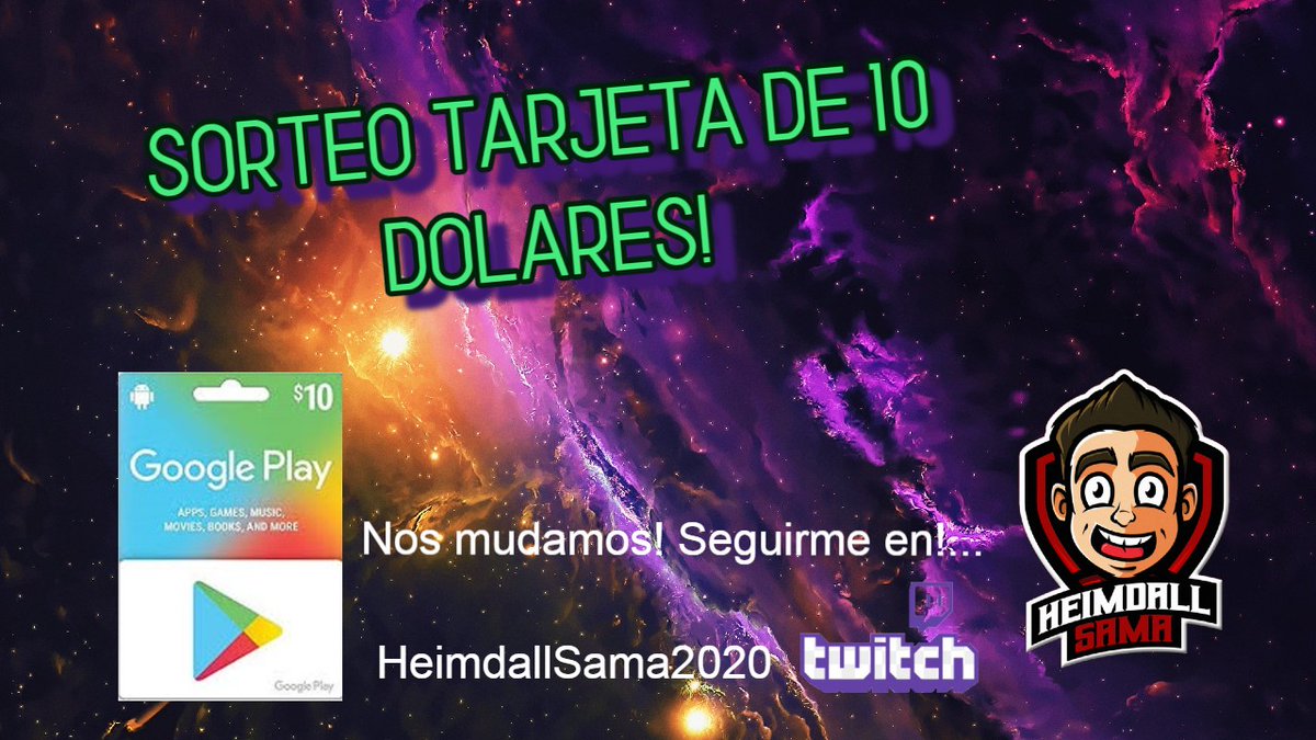 💥💥Sorteo Tarjeta de 10 Dolares de Google Play! 💥💥

Requisitos:

⭕️ Seguirme! <a href="/HeimdallSama/">Heimdall Sama</a> 
⭕️ Dar ♥️ y 🔁etiquetando 3 amigos!
⭕️ Seguirme en Twitch twitch.tv/heimdallsama20…

Finaliza 18 de noviembre. Se pedira Captura de twitch al ganador mucha suerte!