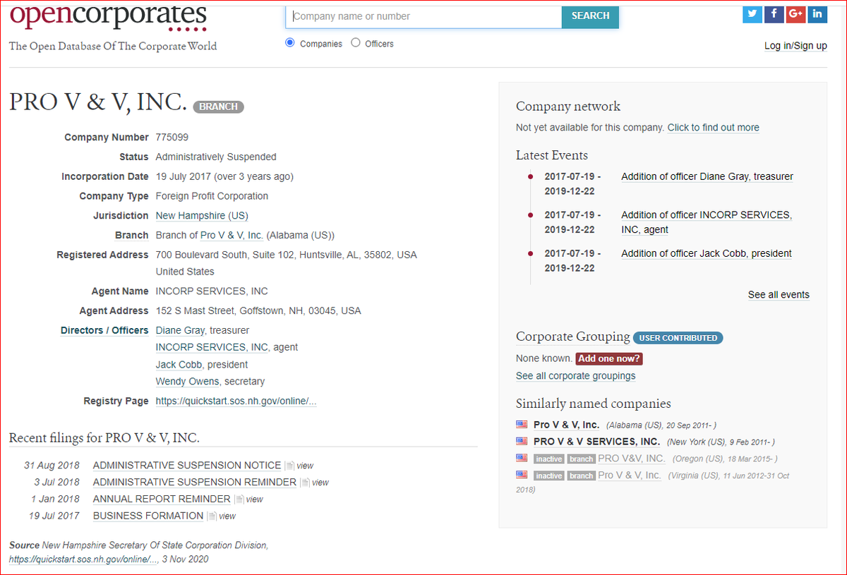 PRO V & V was registered in New Hampshire, and is a Foreign Profit Corporation! https://opencorporates.com/companies/us_nh/775099