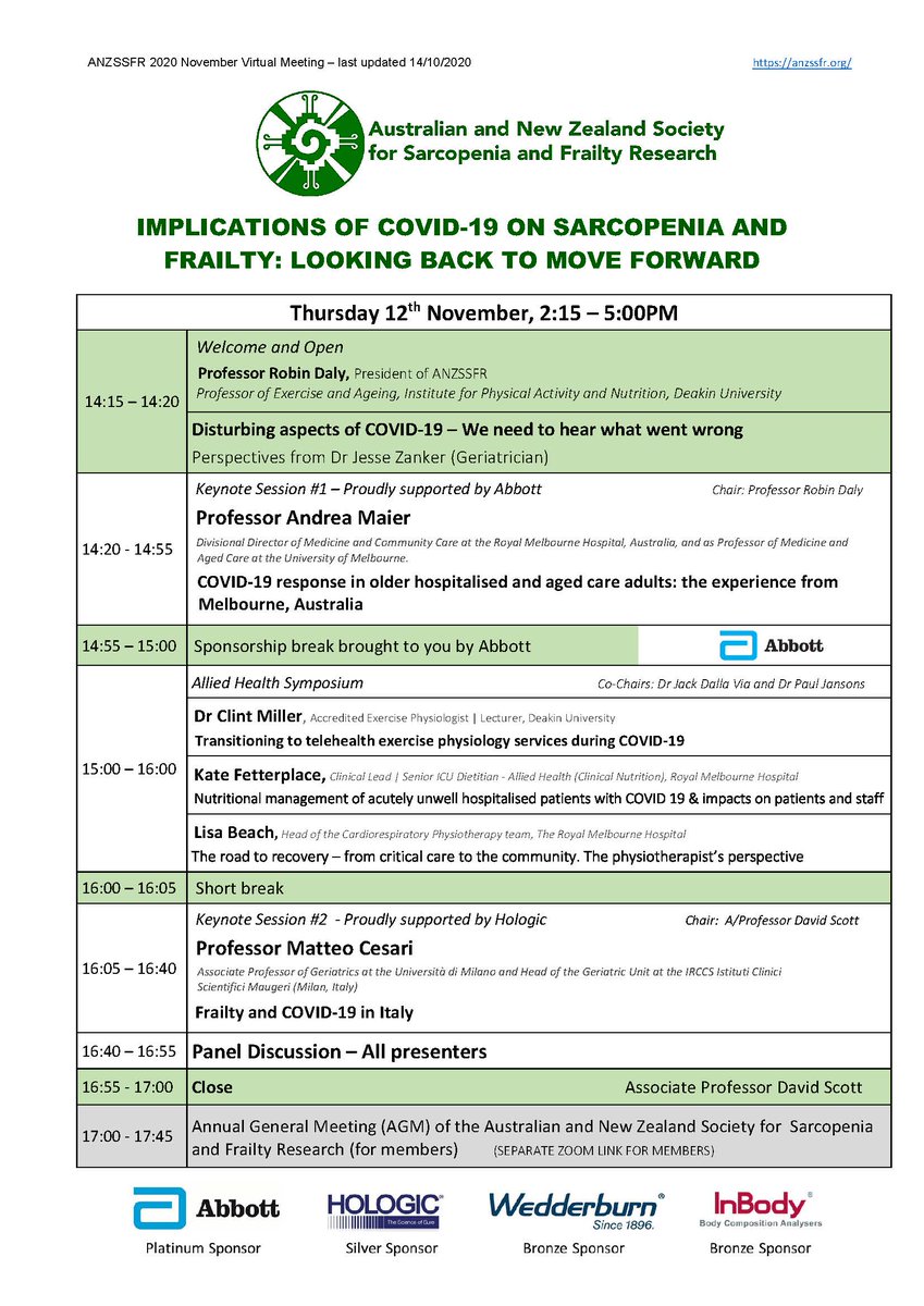 ANZSSFR's tweet image. Only two days remain to register to learn about #COVID19, #sarcopenia and #frailty from leaders in the areas of #geriatrics, #exercise, #dietetics and #physiotherapy 

Don't miss out - be sure to register before 11.59PM AEDT, Tuesday 10 November!

anzssfr.org/future-meetings