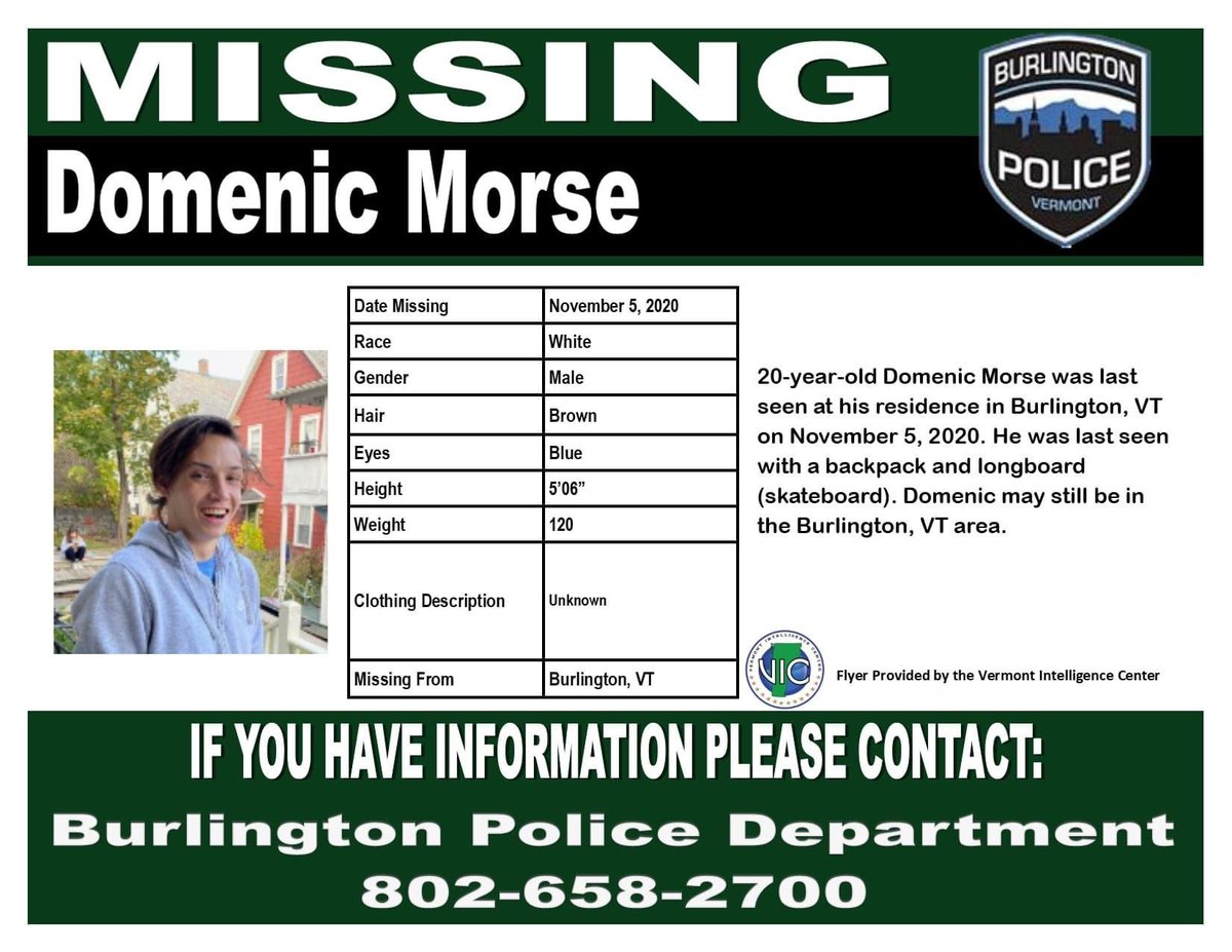 unsolvedvermont's tweet photo. Domenic Morse was last seen in Burlington, Vermont, on Thursday, November 5. 

Please share!

#missingperson #missinginvermont 

https://t.co/8uhBbsojXI https://t.co/C8NqM5xXDz
