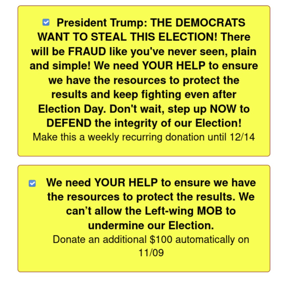 GiuliaPorter's tweet photo. @davidaxelrod @RoboKiller has identified the Trump campaign has sent 450 million of these and similar text messages this week. Many of these donation sites have questionable terms such as automatic recurring donations like this one here: https://t.co/JVfbNpcmRz https://t.co/s0qrbXlpYf