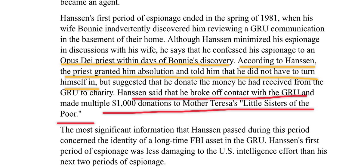 I have always thought it was interesting that after TRAITOR Hanssen confessed his treason to an Opus Dei priest, he was told he’d be absolved if he gave the money Russia gave him to the Little Sisters of the Poor.  @realDonaldTrump did a favor for that group of nuns too...