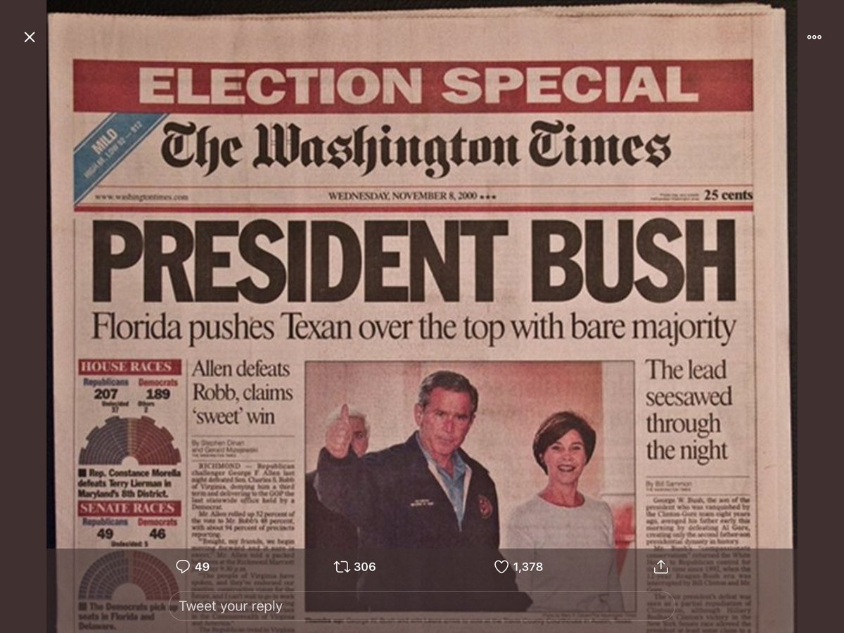 There never was a newspaper headline saying "President Gore" at the Washington Times. Here& #39;s the headline they actually ran. 6/11