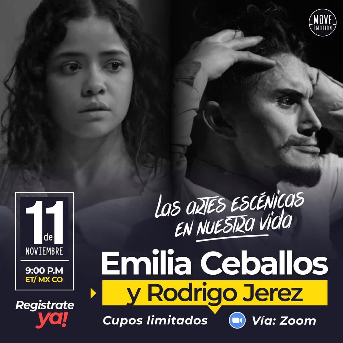 MoveEmotion's tweet photo. 🙋🏽‍♀️ ¿Te gusta la actuación?, ¿Se te dificulta hablar en público? este webinar es para ti 🎭 

Los actores @CeballosLauren y #RodrigoJerez darán pautas para perder el miedo en público. 🤗

Regístrate gratuitamente 
https://t.co/gHopCN3LD6 o escríbenos por interno 👏🏽 https://t.co/UB1Yh60YPo